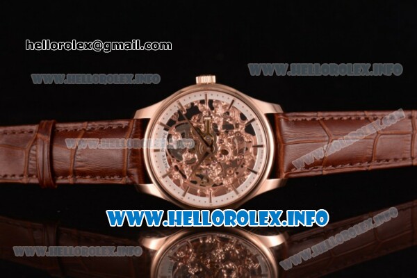 Patek Philippe Complicated Skeleton Asia Automatic Rose Gold Case with Skeleton Dial and Brown Leather Strap (GF) - Click Image to Close